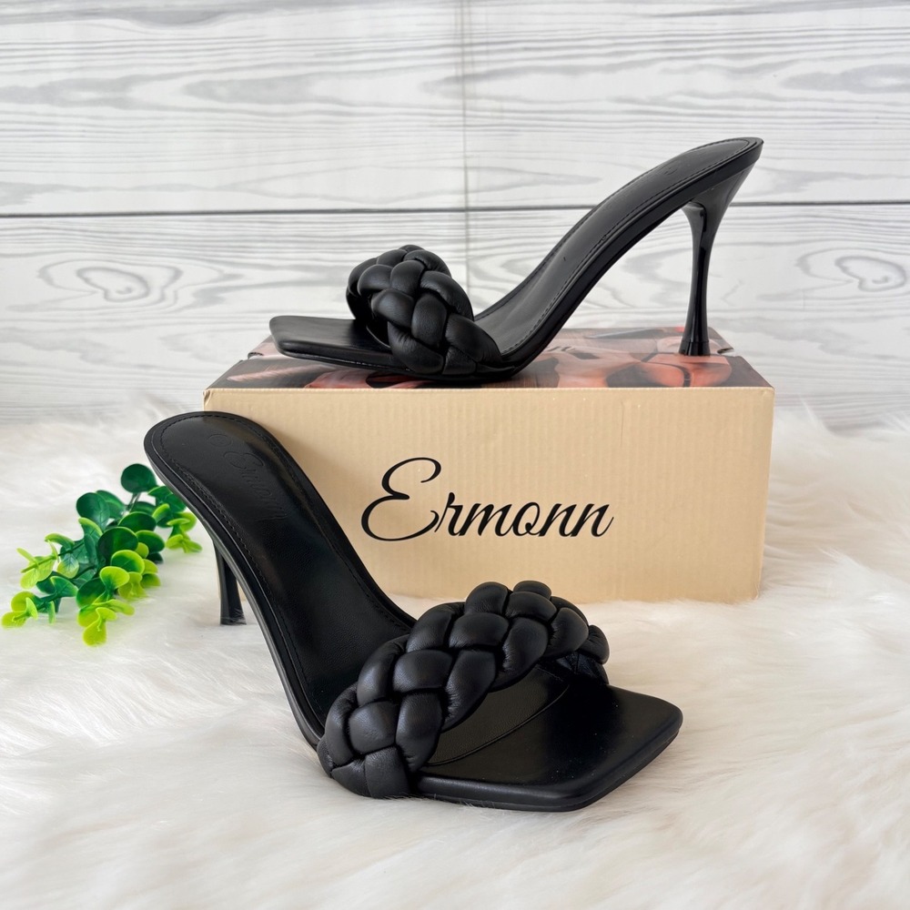 Ermonn Black Quilted Braided Square Toe Stiletto Heel Mules